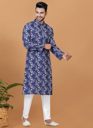 Cotton Blue Digital Print Kurta Pyjama