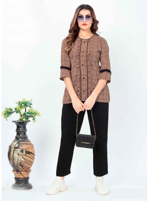 Cotton Brown Buttons Party Wear Kurti