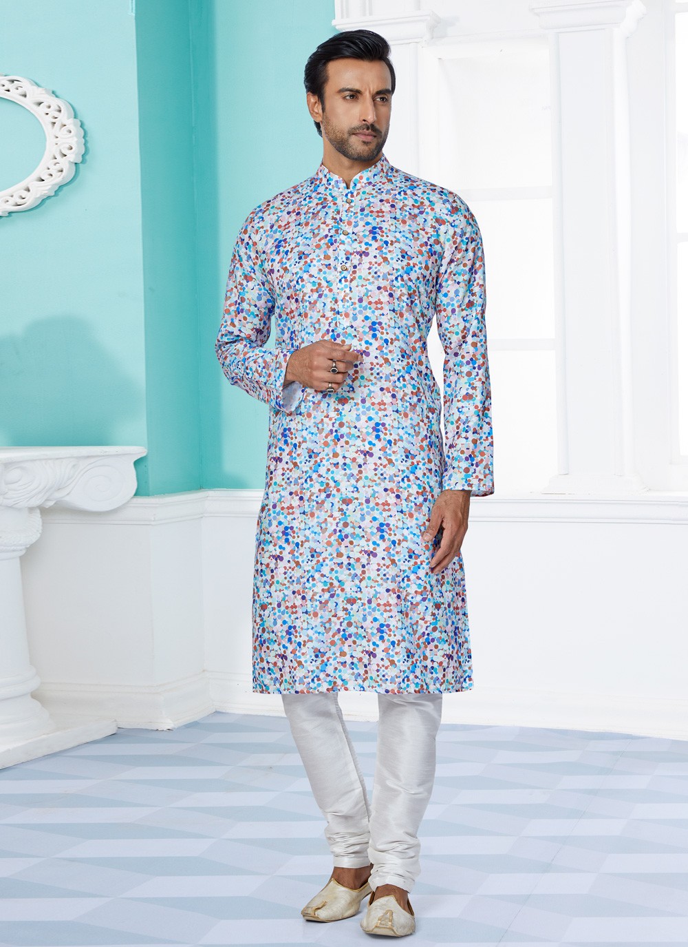 Buy Cotton Digital Print Kurta Pyjama in Multi Colour Online - Main Image
