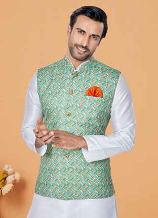 Cotton Digital Print Multi Colour and White Kurta Payjama With Jacket
