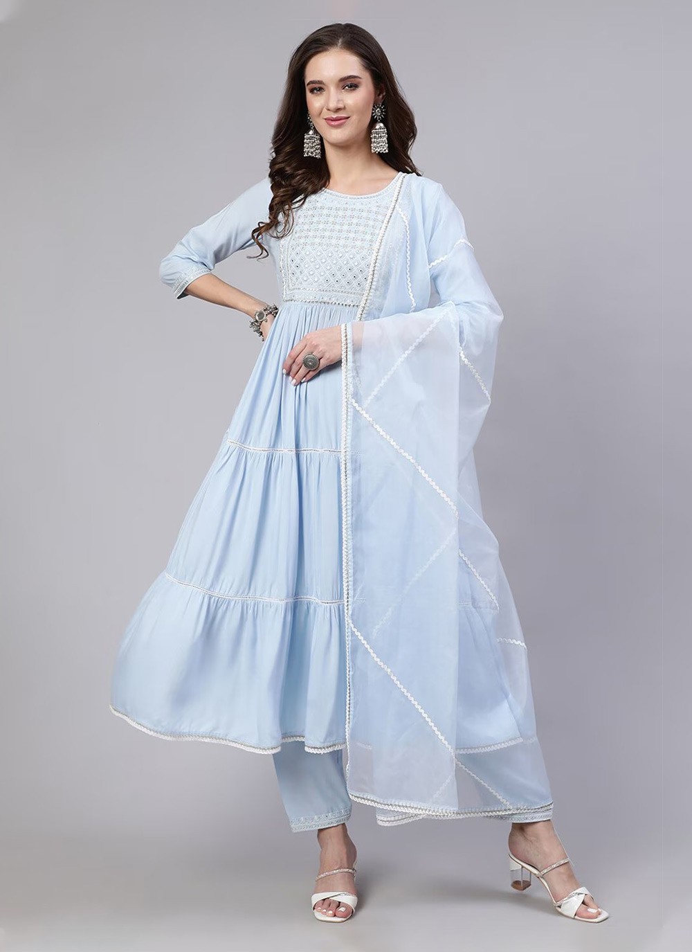 Cotton Embroidered Aqua Blue Readymade Salwar Suit