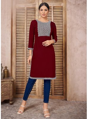 Cotton Embroidered Casual Kurti in Maroon