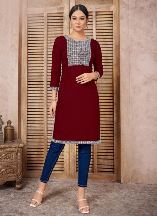 Cotton Embroidered Casual Kurti in Maroon