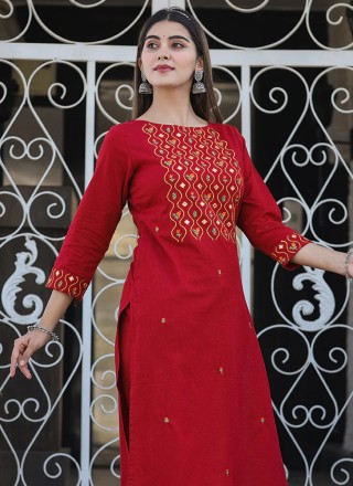 Cotton Embroidered Maroon Casual Kurti
