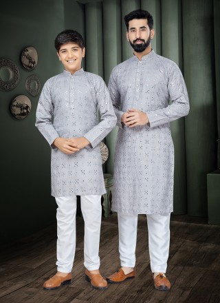 Cotton Embroidered Men and Kids Combo in Grey