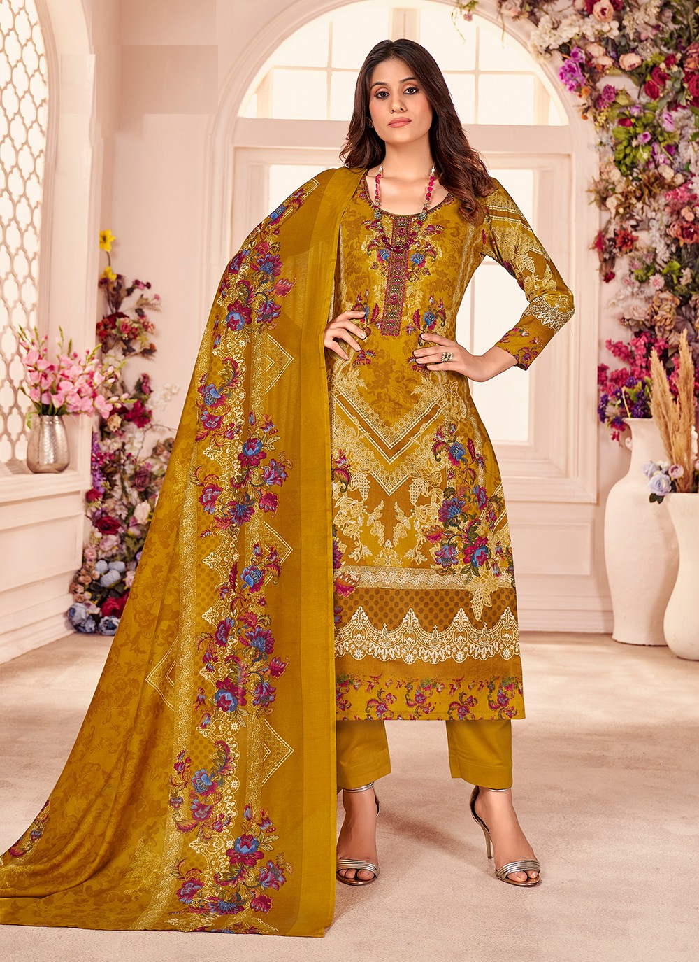 Musturd Yellow Glass Cotton Churidar Suit