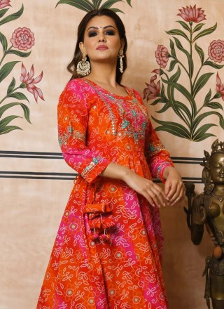 Cotton Embroidered Orange and Red Gown 