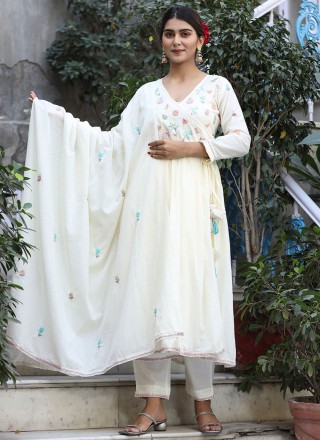 Cotton Embroidered Readymade Salwar Kameez in Off White
