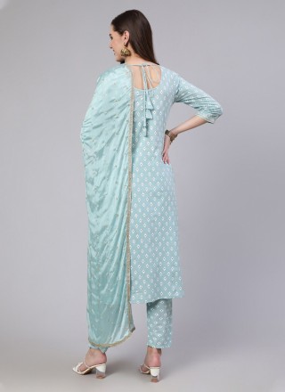 Cotton Embroidered Readymade Salwar Kameez in Turquoise