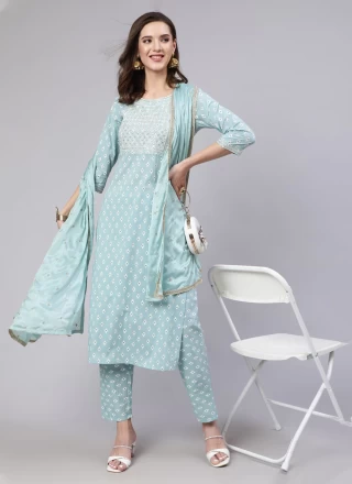 Cotton Embroidered Readymade Salwar Kameez in Turquoise