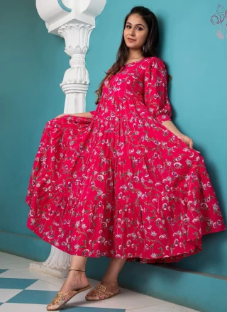 Cotton Floral Print Magenta and Pink Readymade Gown