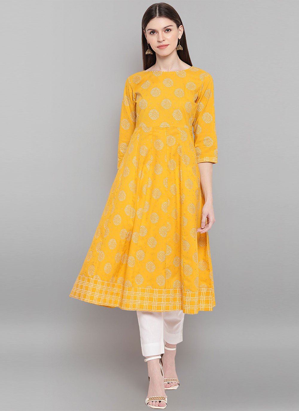 Cotton Floral Print Party Wear Kurti in Yellow