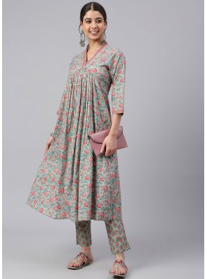 Cotton Floral Print Readymade Salwar Suit in Sea Green