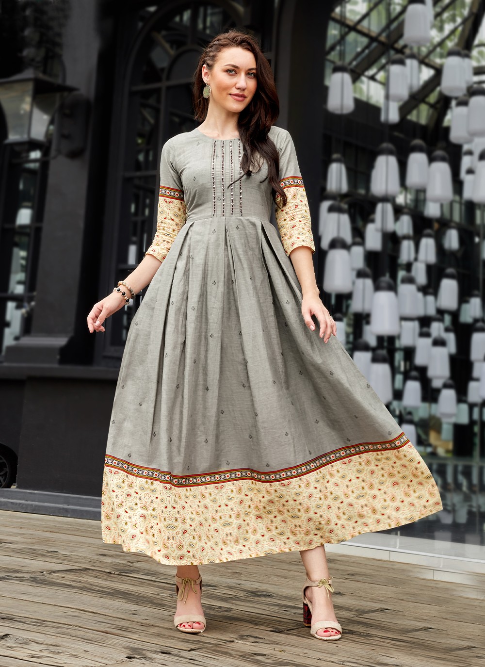 Buy Cotton Grey Printed Floor Length Kurti Online Kurtis