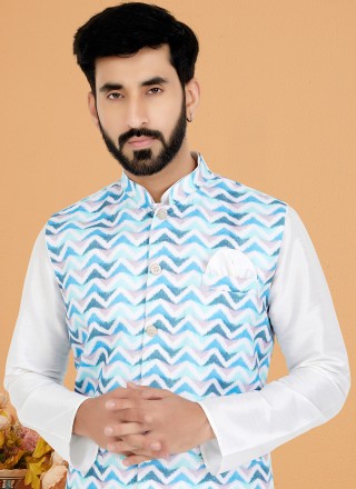 Cotton Kurta Payjama With Jacket in Multi Colour and White