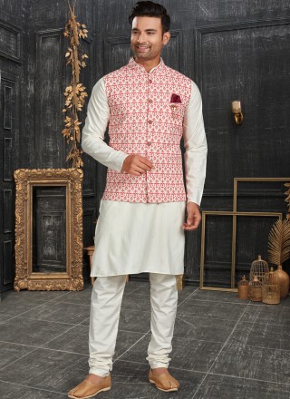 Cotton Kurta Payjama With Jacket in Off White and Pink