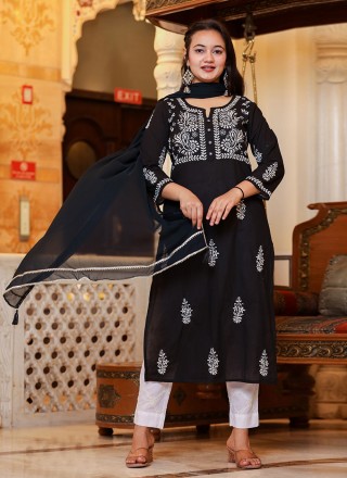 Cotton Lucknowi work Black Readymade Salwar Kameez