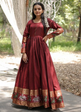 Cotton Maroon Readymade Gown