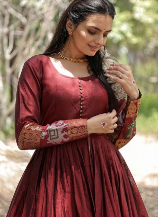 Cotton Maroon Readymade Gown