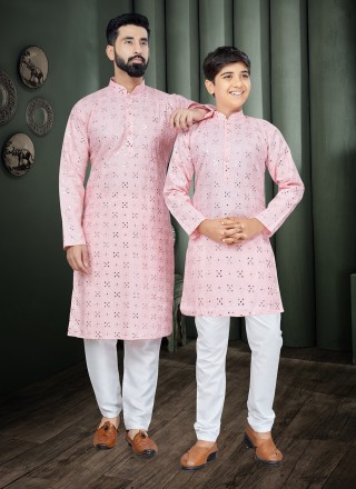 Cotton Mirror Men and Kids Combo in Pink