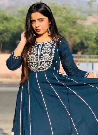 Cotton Navy Blue Embroidered Readymade Gown