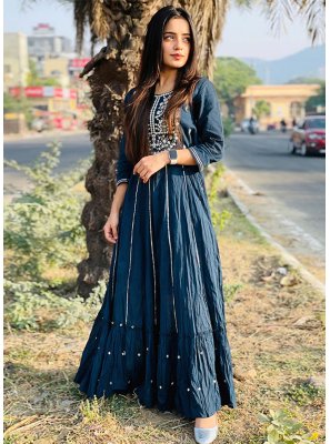 Cotton Navy Blue Embroidered Readymade Gown