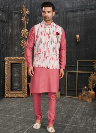 Cotton Off White and Pink Kurta Payjama With Jacket
