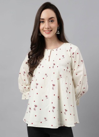 Cotton Off White Floral Print Party Wear Kurti