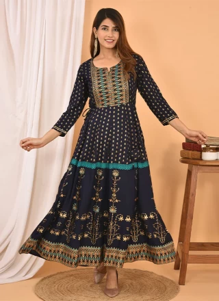 Cotton Printed Navy Blue Trendy Gown