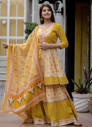 Cotton Printed Readymade Salwar Kameez in Yellow