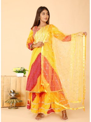 Cotton Printed Red and Yellow Readymade Salwar Suit