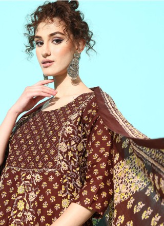 Cotton Printed Salwar Kameez in Brown