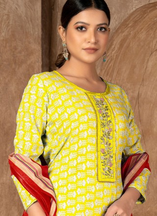 Cotton Printed Salwar Suit in Yellow