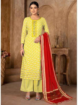 Cotton Printed Salwar Suit in Yellow