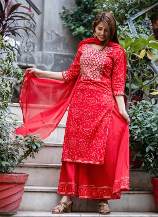 Cotton Readymade Salwar Suit in Red