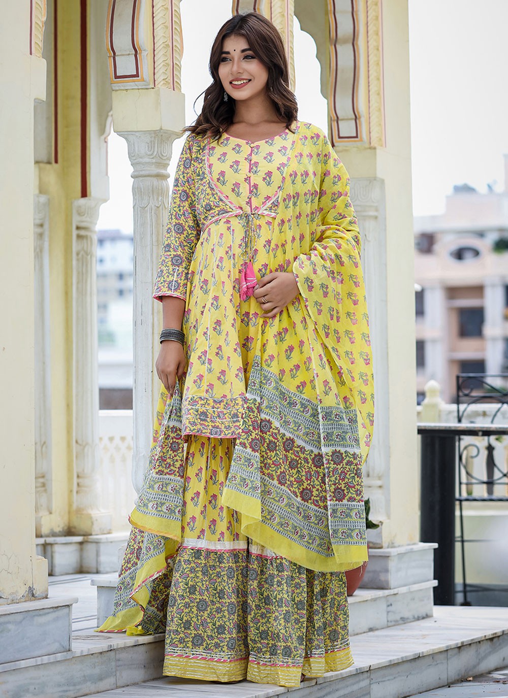 Cotton Readymade Salwar Suit in Yellow