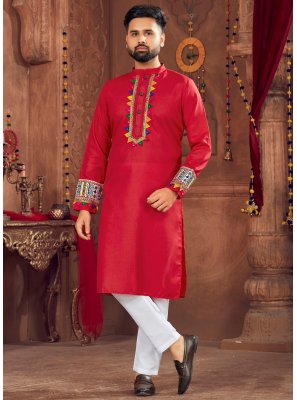 Cotton Red Embroidered Kurta Pyjama