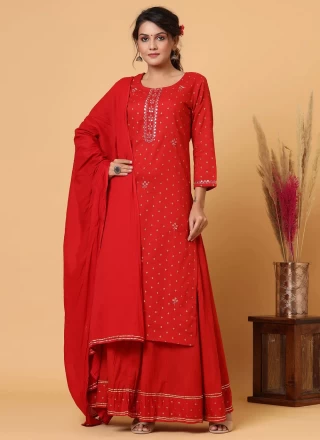 Cotton Red Printed Readymade Salwar Kameez