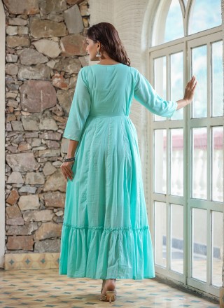 Cotton Sea Green Embroidered Readymade Gown