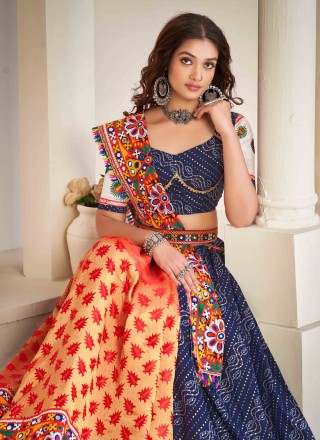 Cotton Silk Blue Embroidered A Line Lehenga Choli