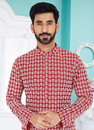 Cotton Silk Embroidered Red Kurta Pyjama