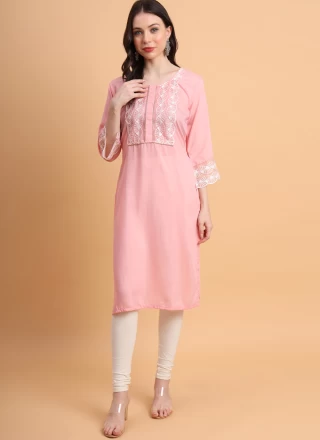 Cotton Silk Thread Work Designer Kurti in Pink