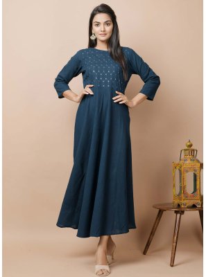 Cotton Teal Sequins Casual Kurti