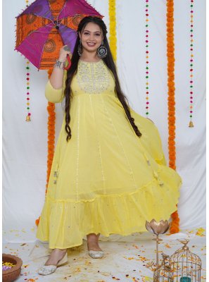 Cotton Yellow Embroidered Designer Gown