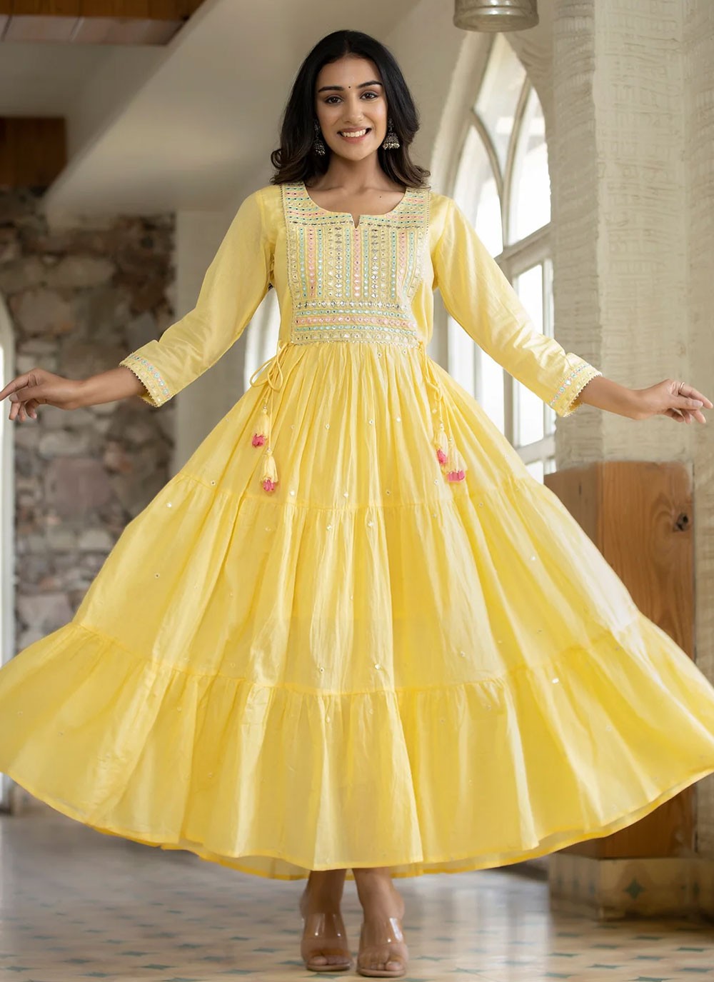 Cotton Yellow Embroidered Readymade Gown