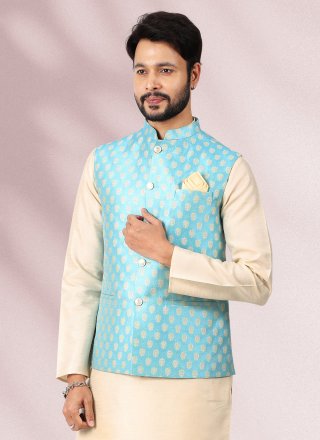 Cream and Firozi Jacquard Work Banarasi Silk Kurta Payjama With Jacket