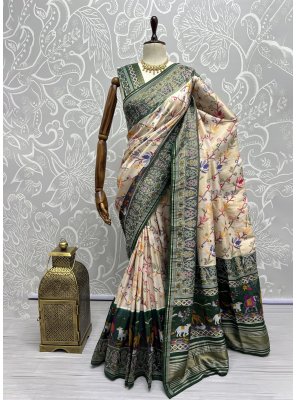 Cream and Green Silk Weaving Classic Saree