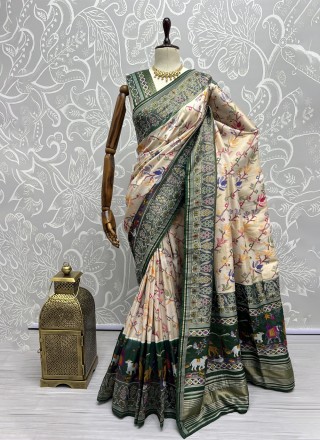 Cream and Green Silk Weaving Classic Saree