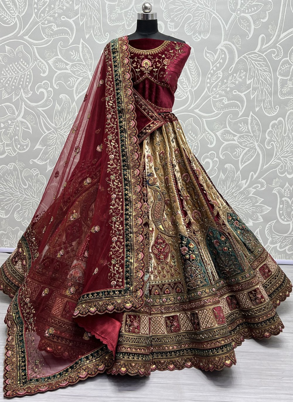 Bridal, Wedding Beige and Brown color Organza Silk, Silk fabric Lehenga :  1766759