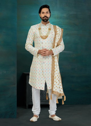 Cream and Multi Colour Lucknowi Reception Indo Western Sherwani